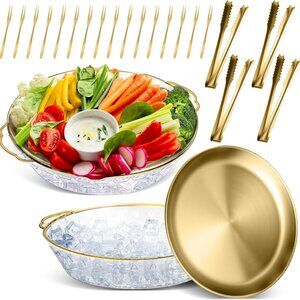 Baderke 2 Sets Chilled Serving Trays & Ice Bowls Fruit Forks Tongs Gold 11.8"
